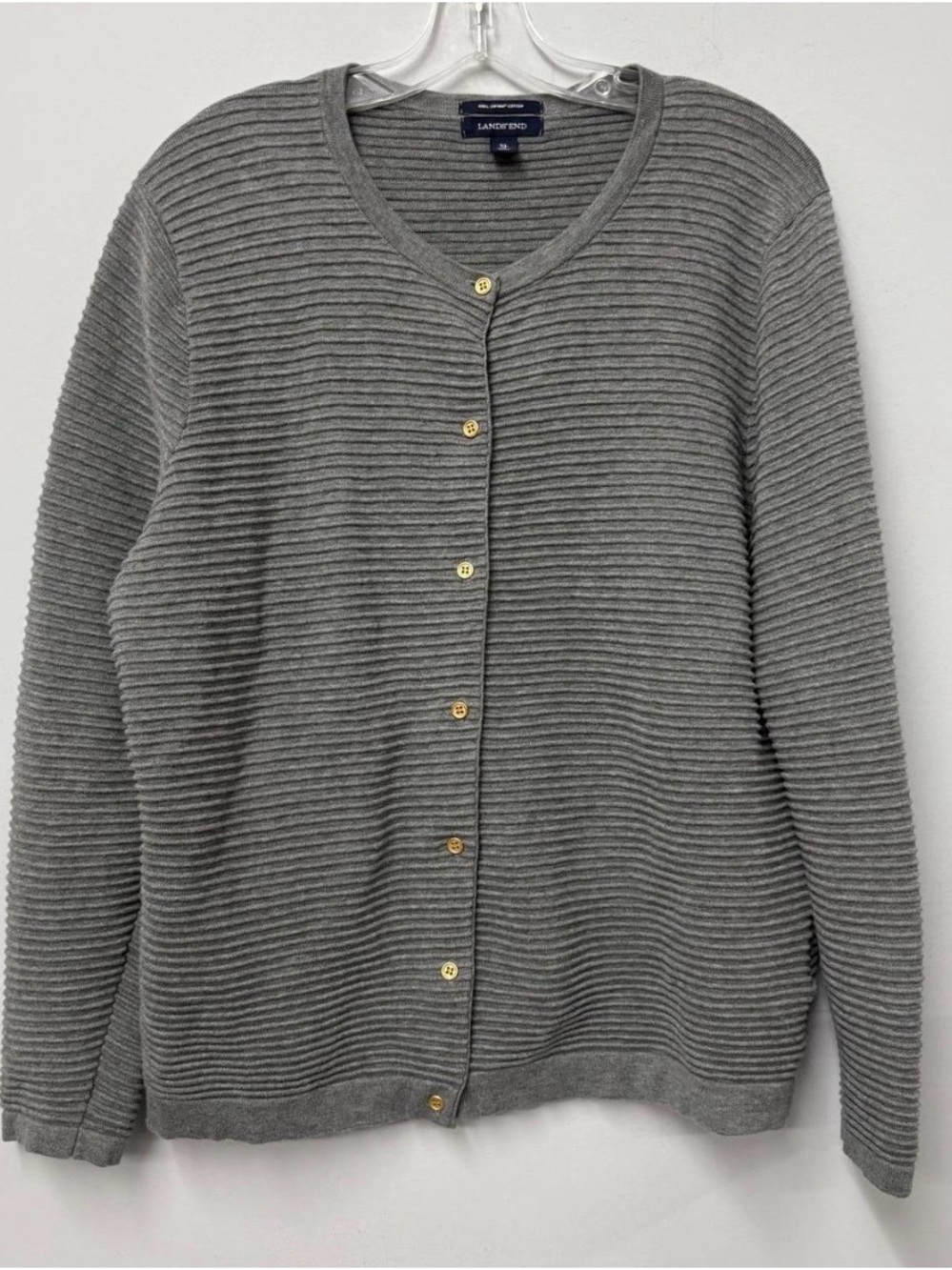 Lands' End Grey Ribbed Cardigan Sweater Gold Buttons XL